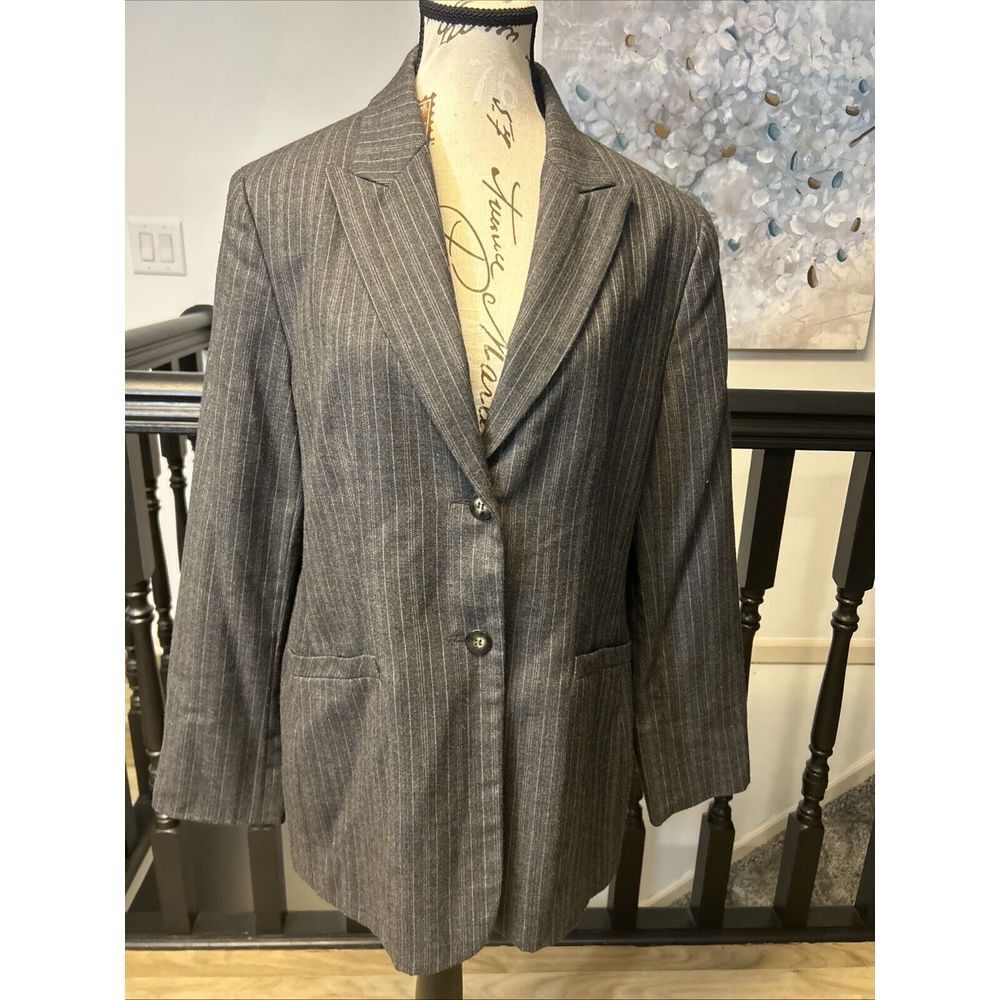 Evan Picone Blazer Sz 14 Grey Striped "City Chic" Career Dinner Jacket 99% Wool